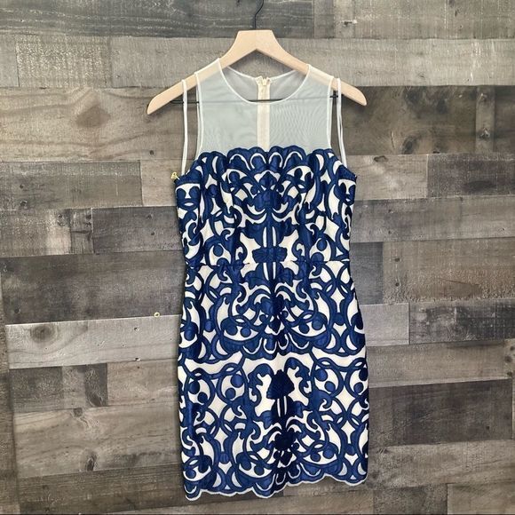 Julia Jordan Blue Appliqué Sheath Dress Mesh Illusion Neckline - Picture 1 of 10